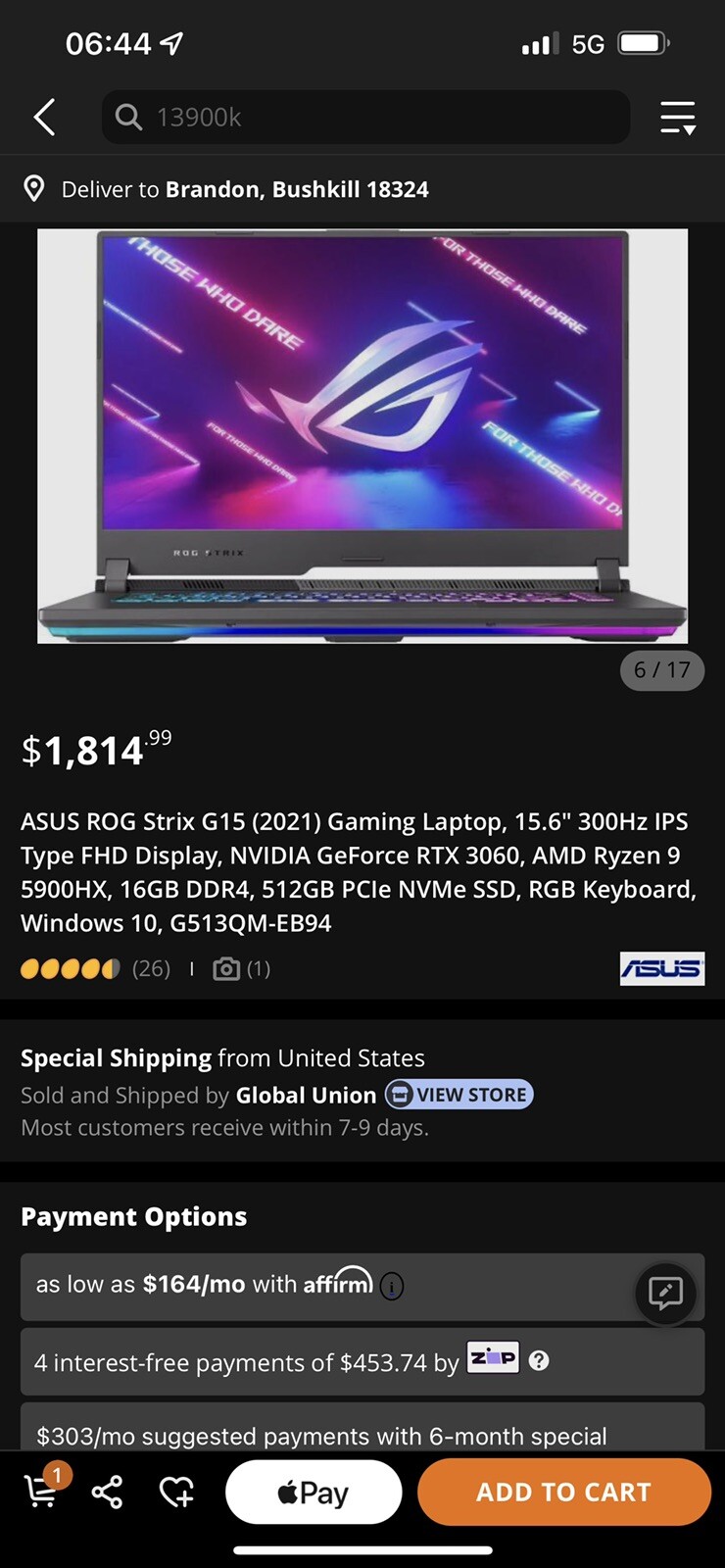 ASUS ROG Strix G15 15.6″ 300Hz GeForce RTX 3060, Ryzen 9 5900HX, 1TB+ 512GB SSD