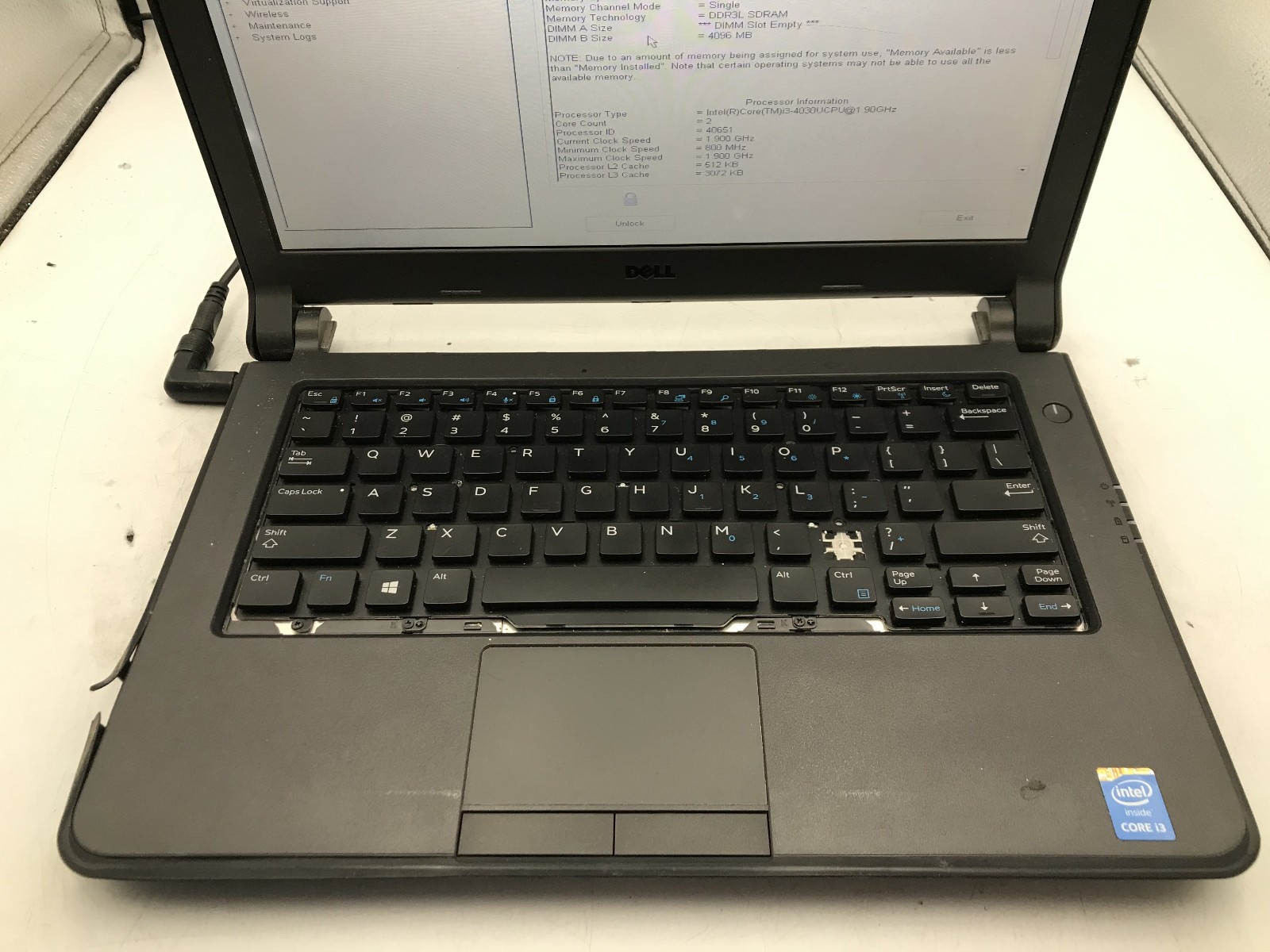DELL LATITUDE 3340 – BOOTS TO BIOS/LOCKED – INTEL I3 4030U – NO RAM – READ – BB!