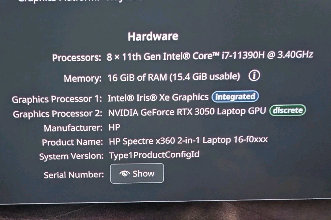 HP Spectre X360 2in1 16-f0023dx 512GB, 11390H 3.40GHz, 16GB, RTX 3050 OLED Linux