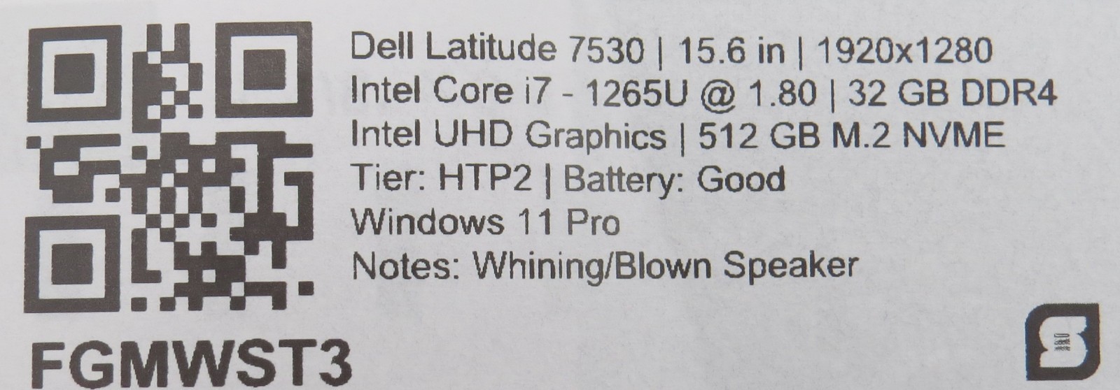Dell Latitude 7530 i7-1265U @ 1.8GHz 32GB DDR4 512GB m2 Win 11 No AC