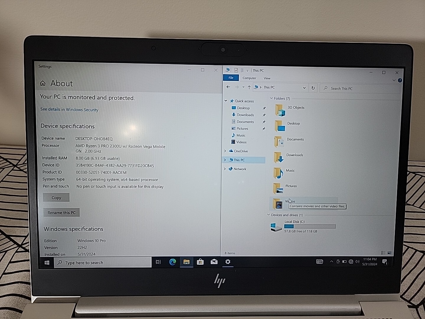 HP Elitebook 745 G5 AMD Ryzen 3 Pro 2300U- 128SSD-8GB DDR4 Win 10/11Pro