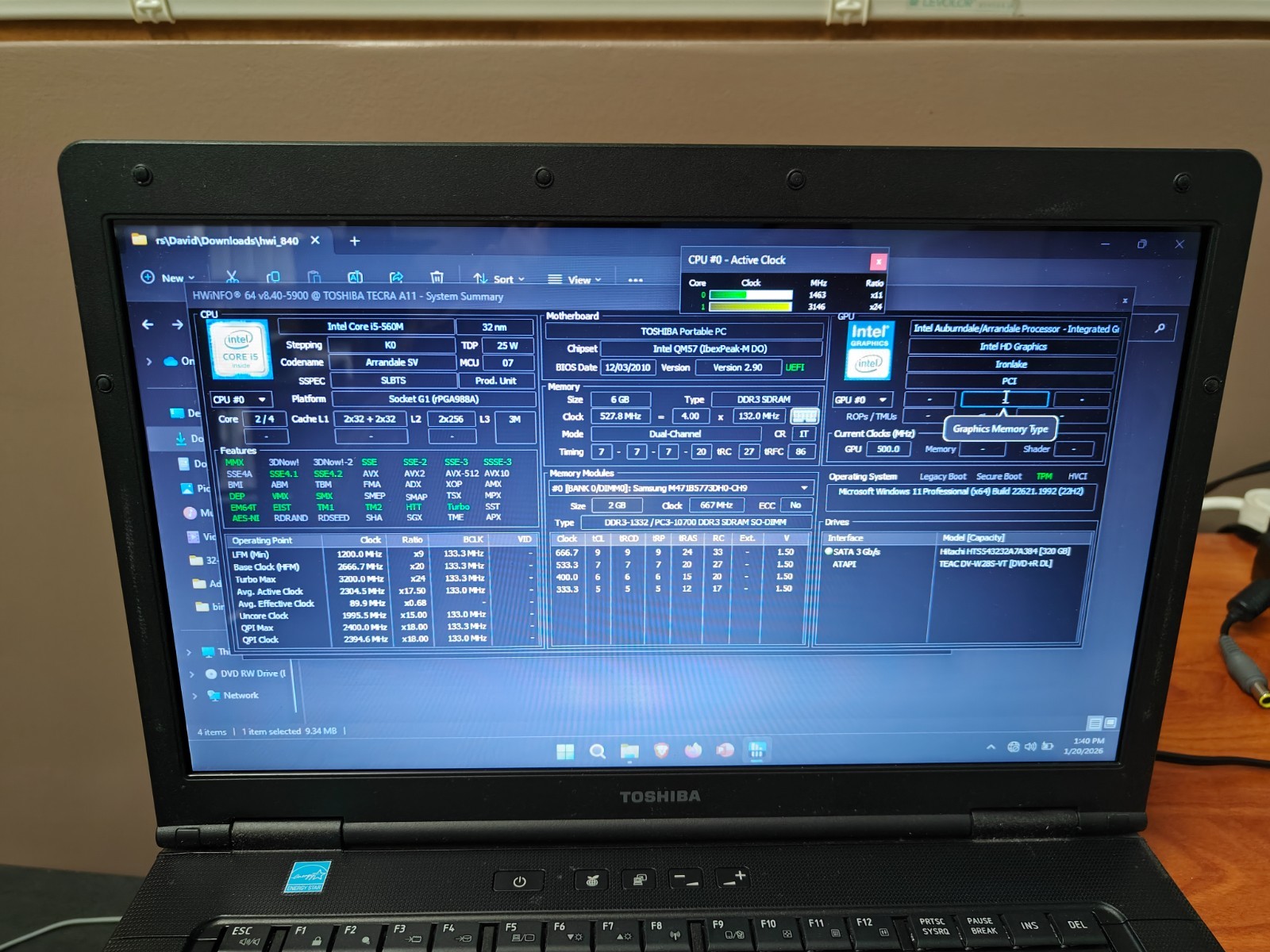 Toshiba Tecra A11-ST3500 15″ Laptop Intel Core i5 M560 120GB SSD Windows 11 pro