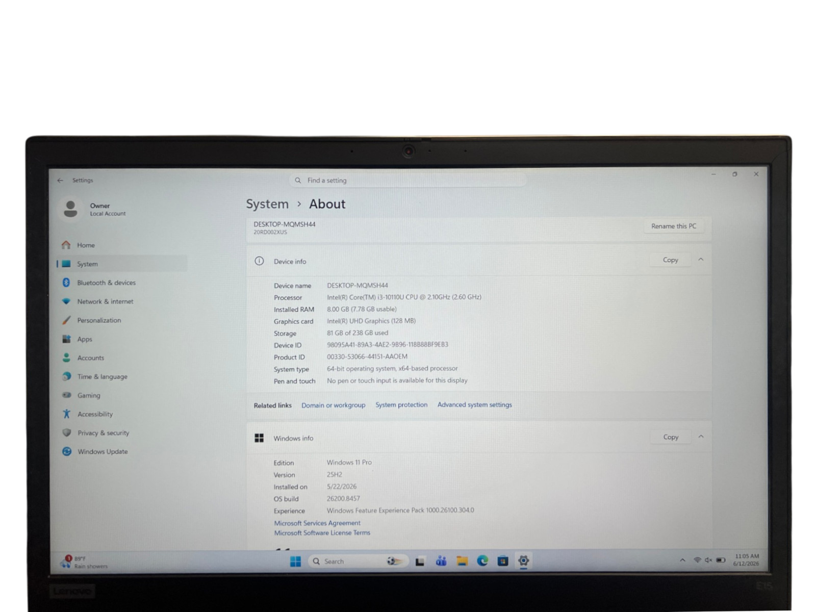 Lenovo ThinkPad E15 Gen 1 Laptop Intel i3-10110U 8GB 256GB NVMe Windows 11 Pro