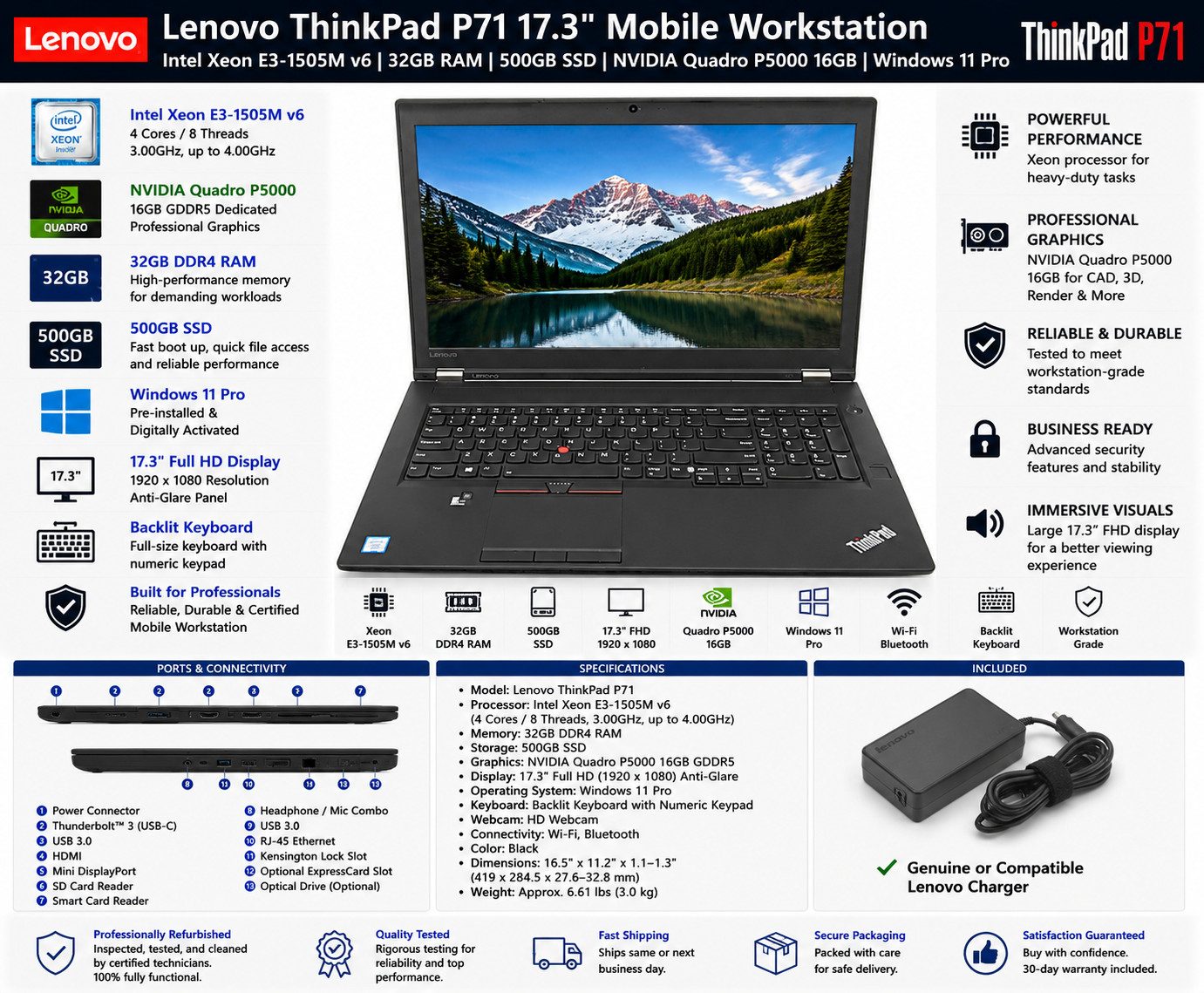 Lenovo ThinkPad P71 17.3″ Xeon E3-1505M v6 32GB RAM 500GB SSD Quadro P5000 Win11