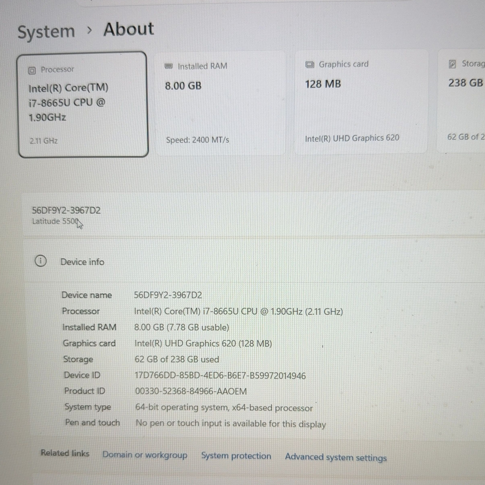 Dell Latitude 5500 15.6″ i7-8665U 1.9GHz 8GB RAM 256GB NVMe SSD Win 11 Pro