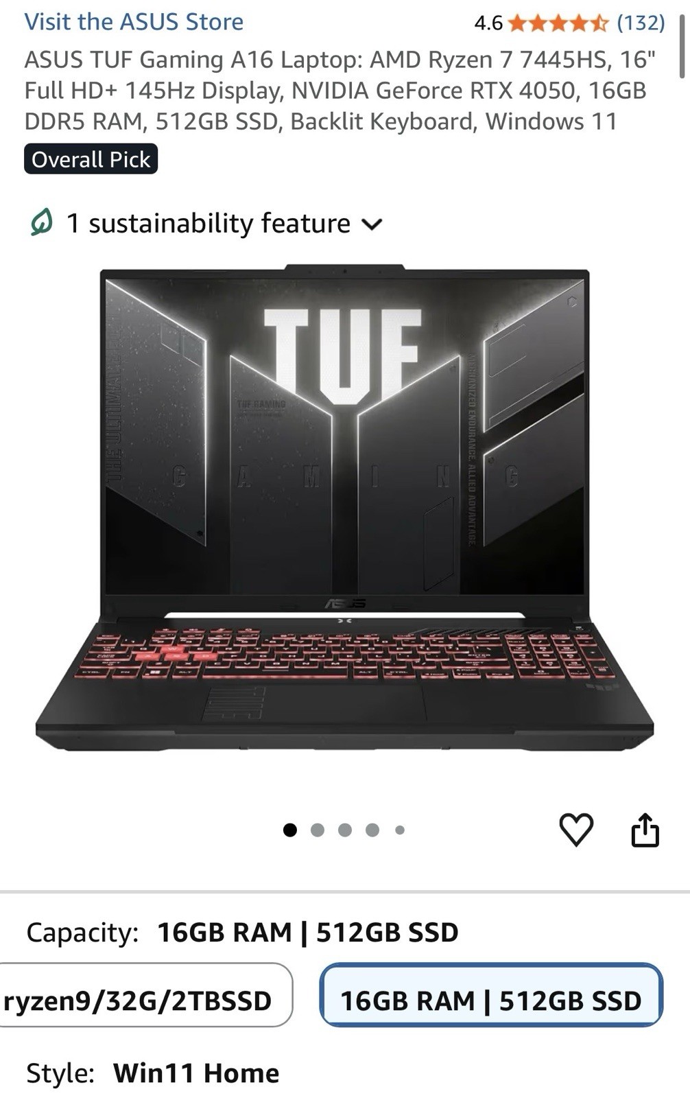 ASUS TUF Gaming A16 Laptop AMD Ryzen 7 7445HS RTX 4050 16GB 512GB SSD 16″ 145Hz