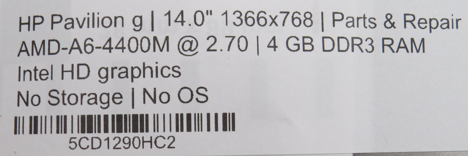 HP Pavilion g4 | AMD A6-4400M @ 2.7GHz | 4GB DDR3 | 14″ | No HD/OS/AC | Parts