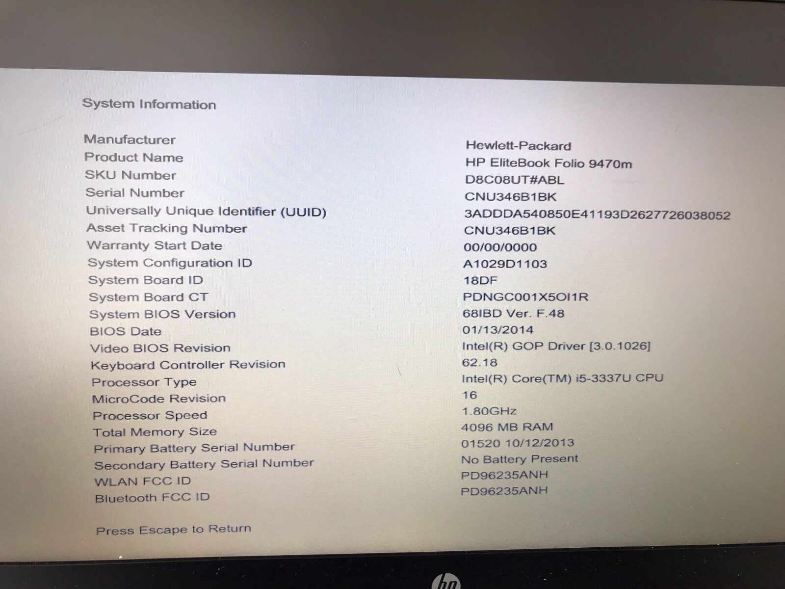 HP EliteBook FOLIO 9470M/ I5-3337U/ 1.8/ 4 GB RAM/ 256GB HDD/ W CADDY