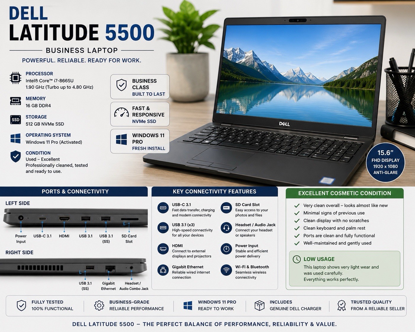 Dell Latitude 5500 i7-8665U 16GB 512GB SSD Win11 Pro FHD Webcam Fingerprint