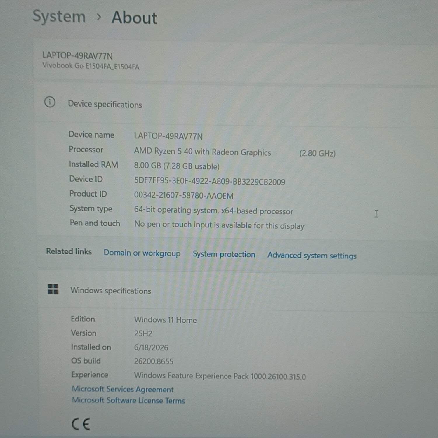Asus Vivobook Go 15 E1504FA 15.6″ AMD Ryzen 5 40 2.8GHz 8GB RAM 512GB SSD