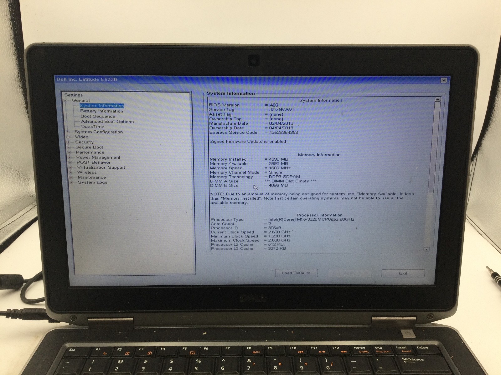 DELL LATITUDE E6330 – BOOTS TO BIOS – INTEL I5 3320 – NO RAM – 13″ – READ – BB!