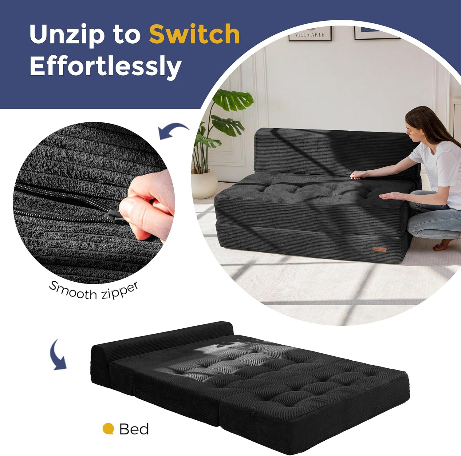 8″ Folding Sofa Bed, Fold Out Chair Bed, Convertible Floor Sofa Couch, High-Dens