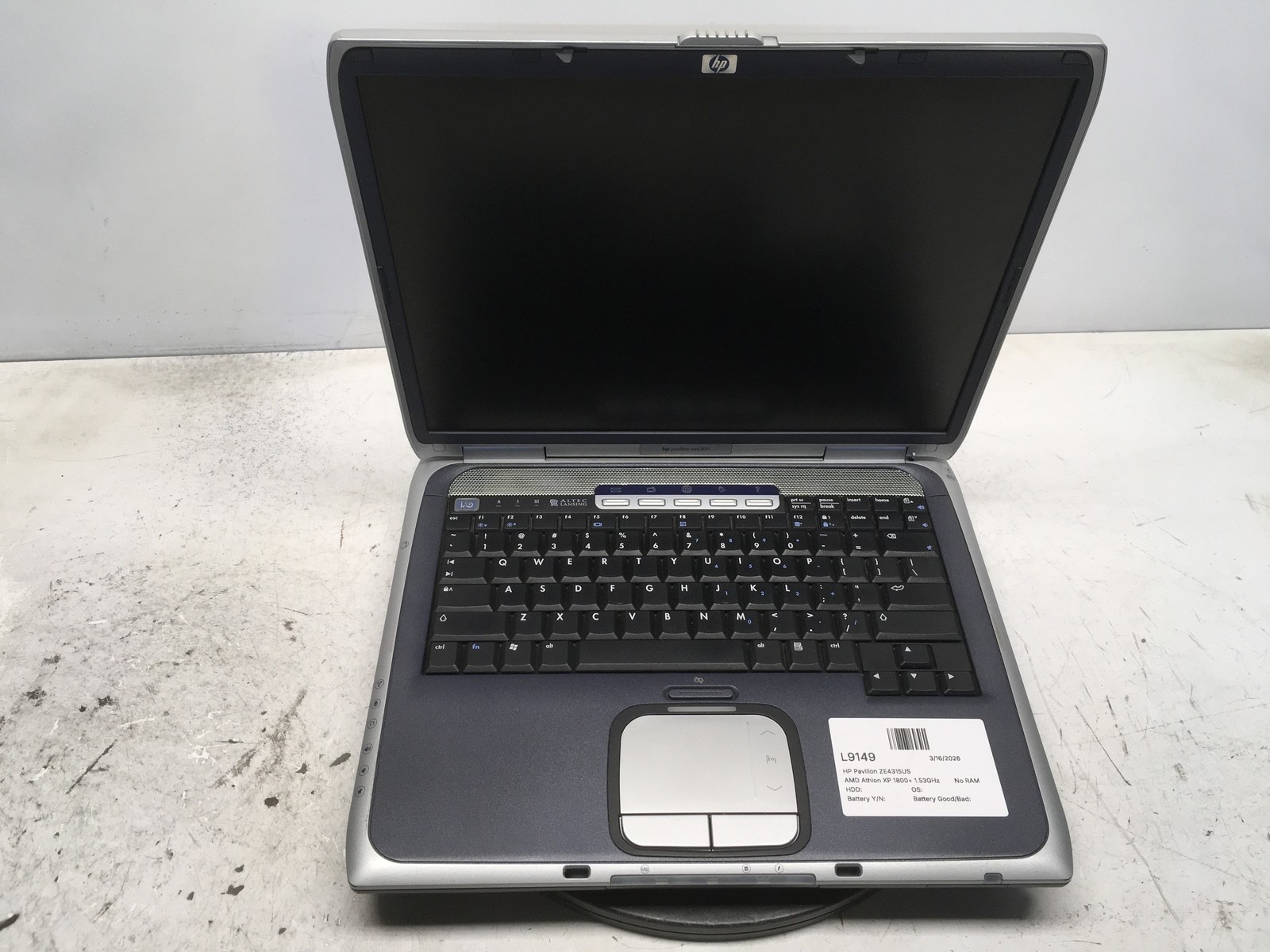 HP Pavilion ZE4315US AMD Athlon XP 1800+ 1.53GHz No RAM NO HDD No Batt