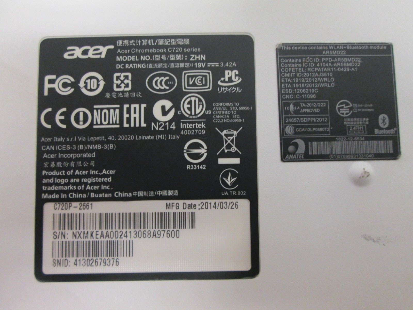 ACER CHROMEBOOK C720P TOUCHSCREEN ZHN UNTESTED