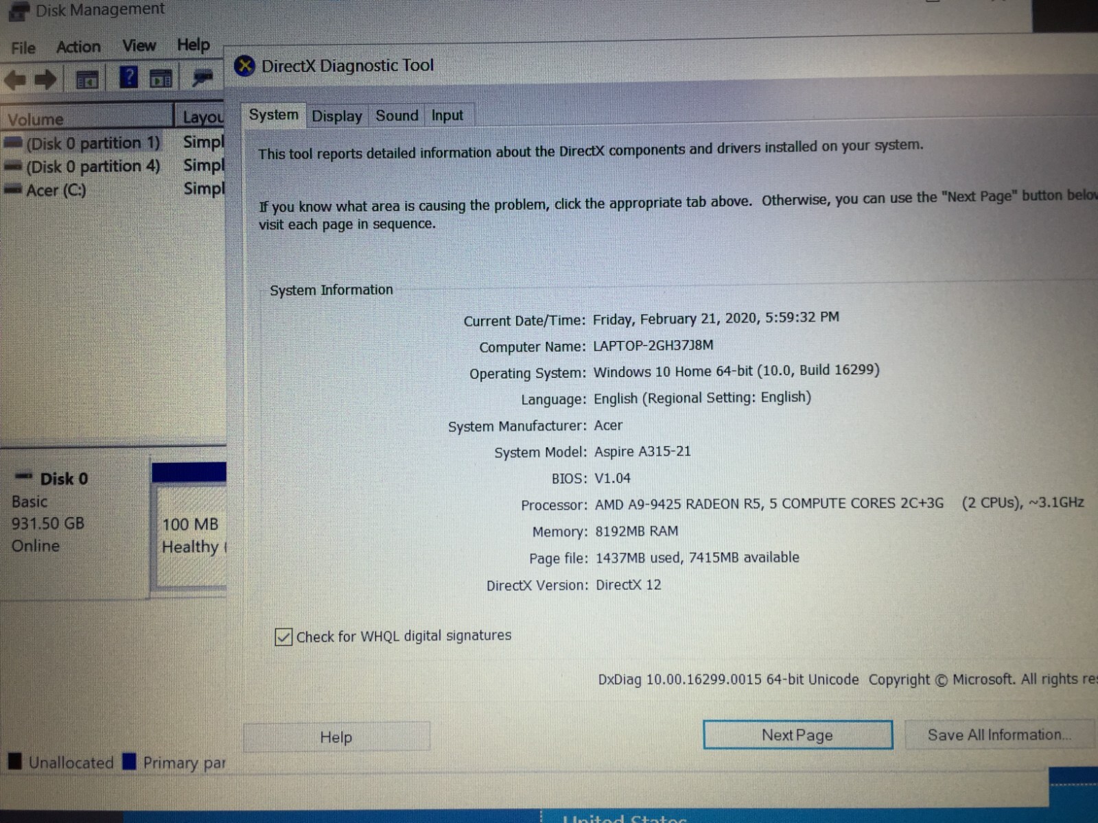 *Bad Battery*Acer Aspire 3 A315-21-93EY 15.6″ Laptop/AMD A9-9420/8GB/1TB HDD/W10