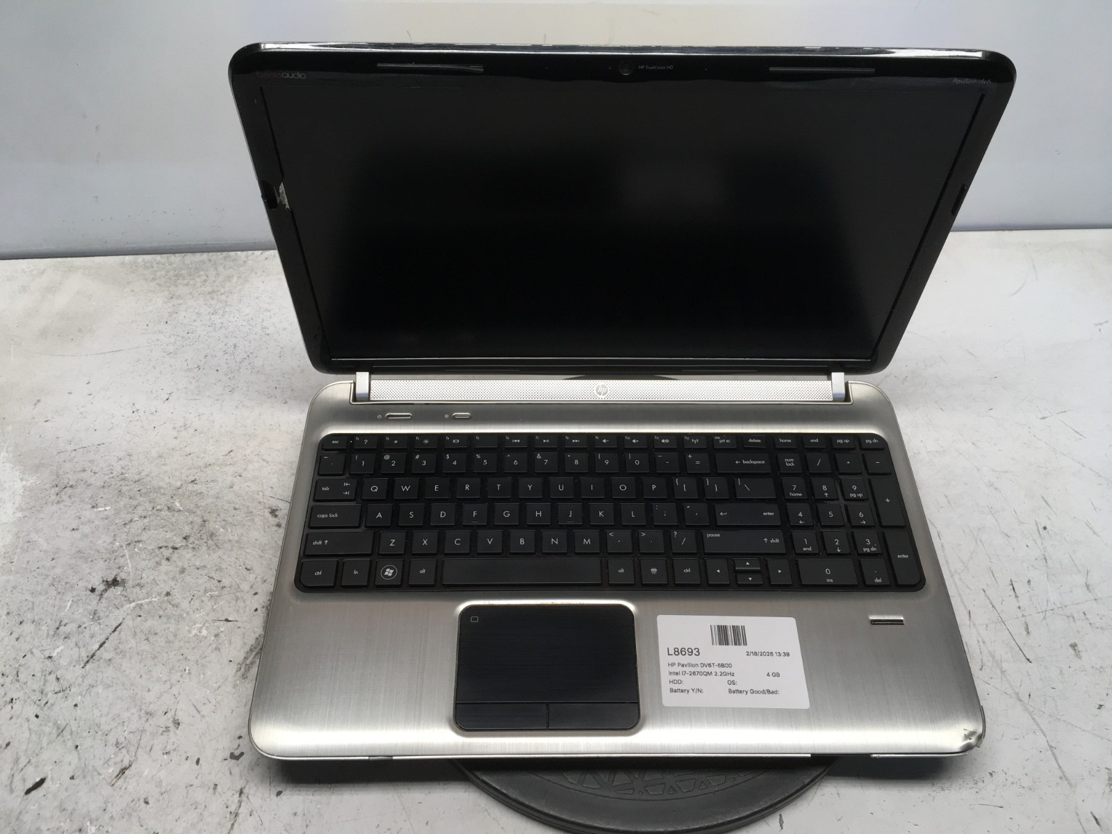 HP Pavilion DV6T-6B00 Intel i7-2670QM 2.2GHz 4 GB NO HDD