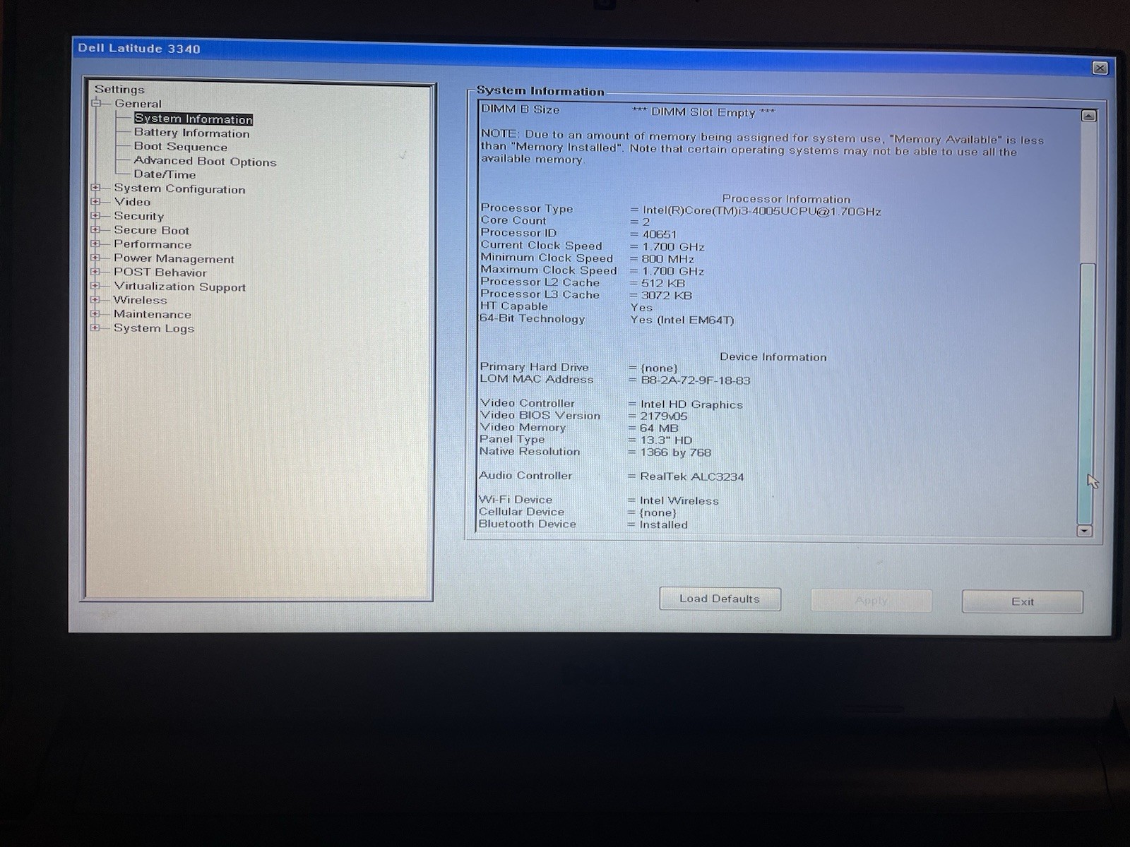 DELL LATITUDE 3340 Laptop Core i3-4005U 1.70 GHz 4 GB RAM *NO HDD/OS/Charger*