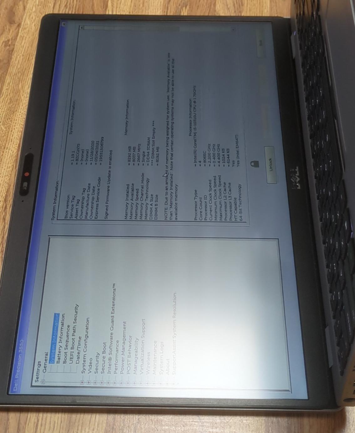 2021 Precision 3550 i5 10th gen, 8GB RAM, No SSD, Locked BIOS, Great Condition!