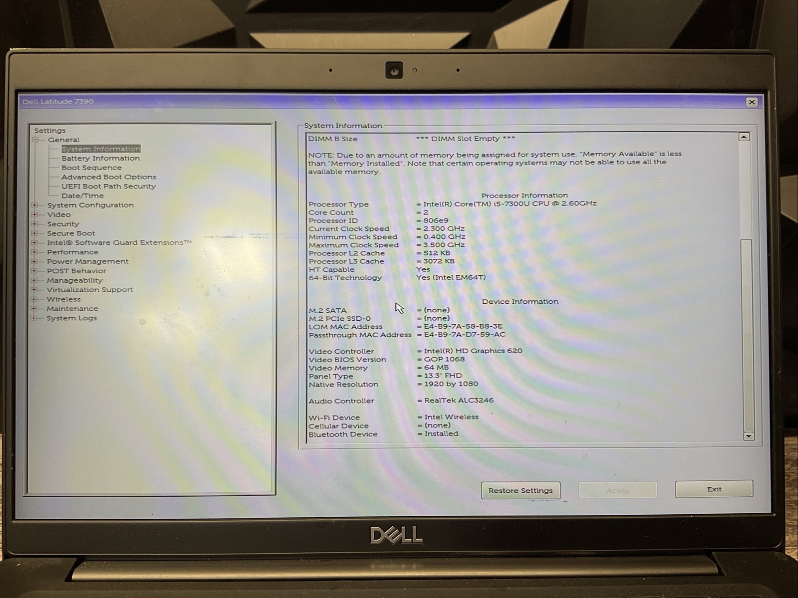 Dell Latitude 7390 / Intel Core i5 7th Gen / BIOS Unlocked / Parts Repair / J3
