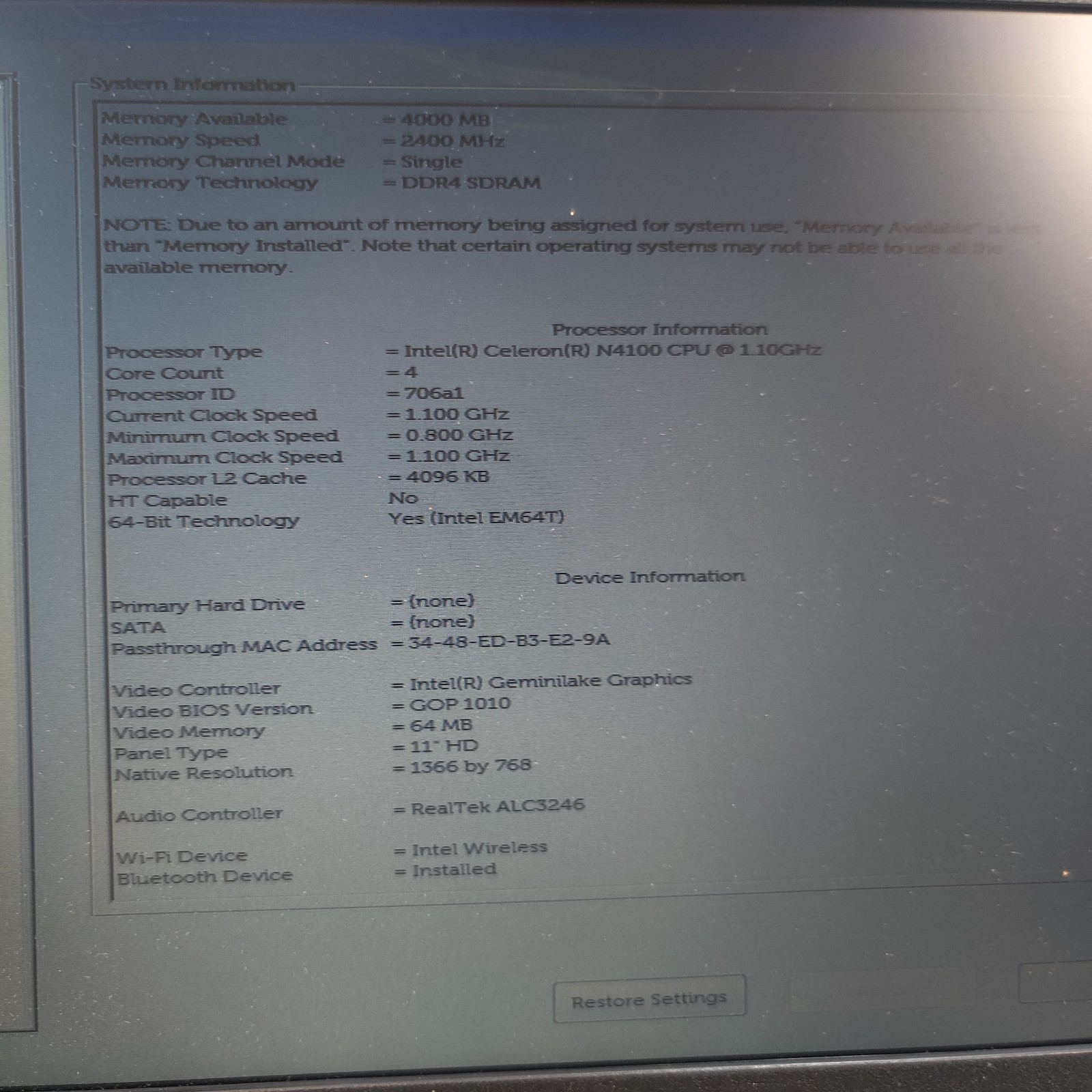 Dell LATITUDE 3190 11″ CELERON PROCESSOR N4100 4GB FOR PARTS READ DESCRIPTION