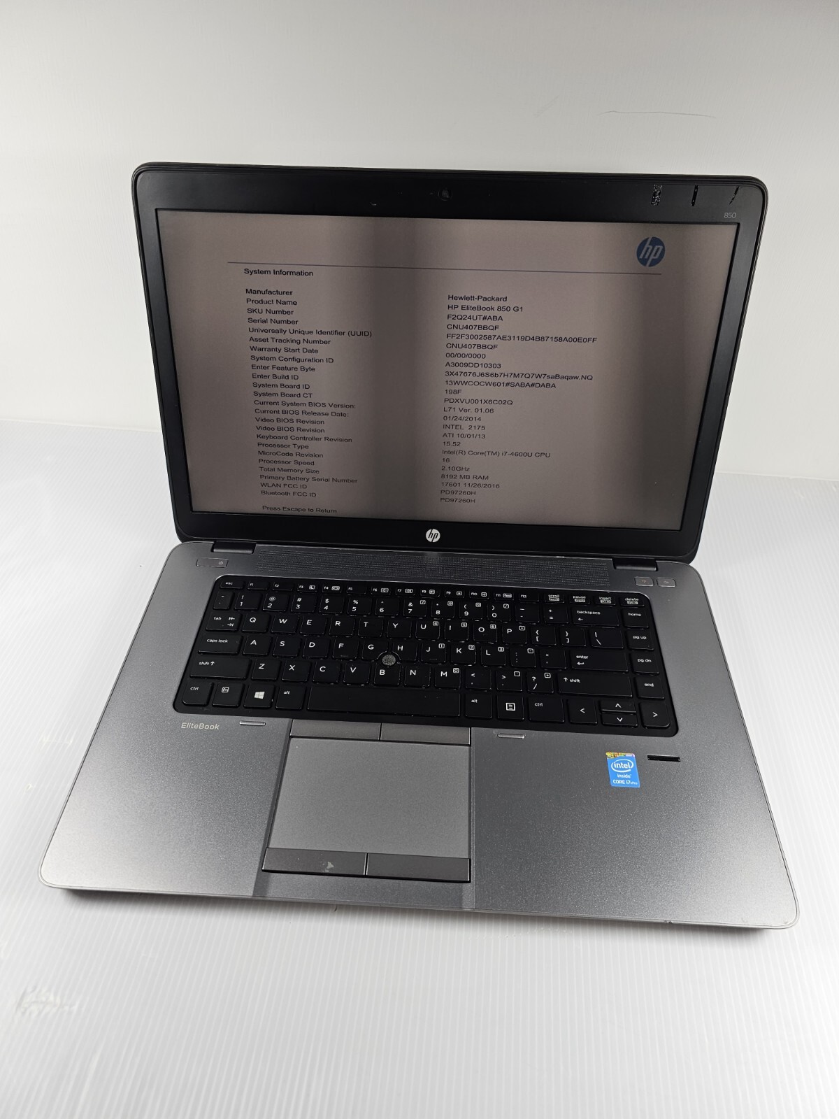 HP Elitebook 850 G1 Core i7 4600U 2.1GHz, 8GB RAM NO HDD Laptop