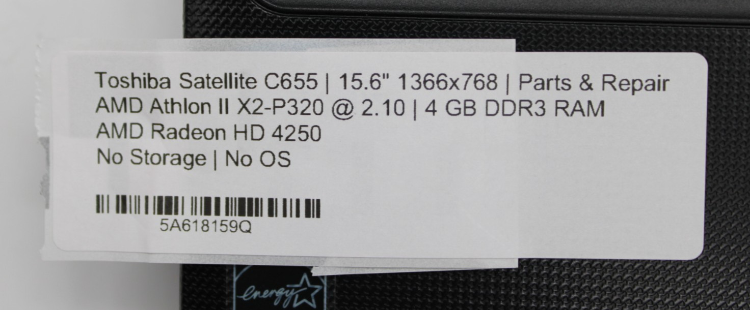 Toshiba Satellite C655 AMD Athlon X2@2.31GHz 4GB DDR3 NO STORAGE/OS*USED/TESTED*