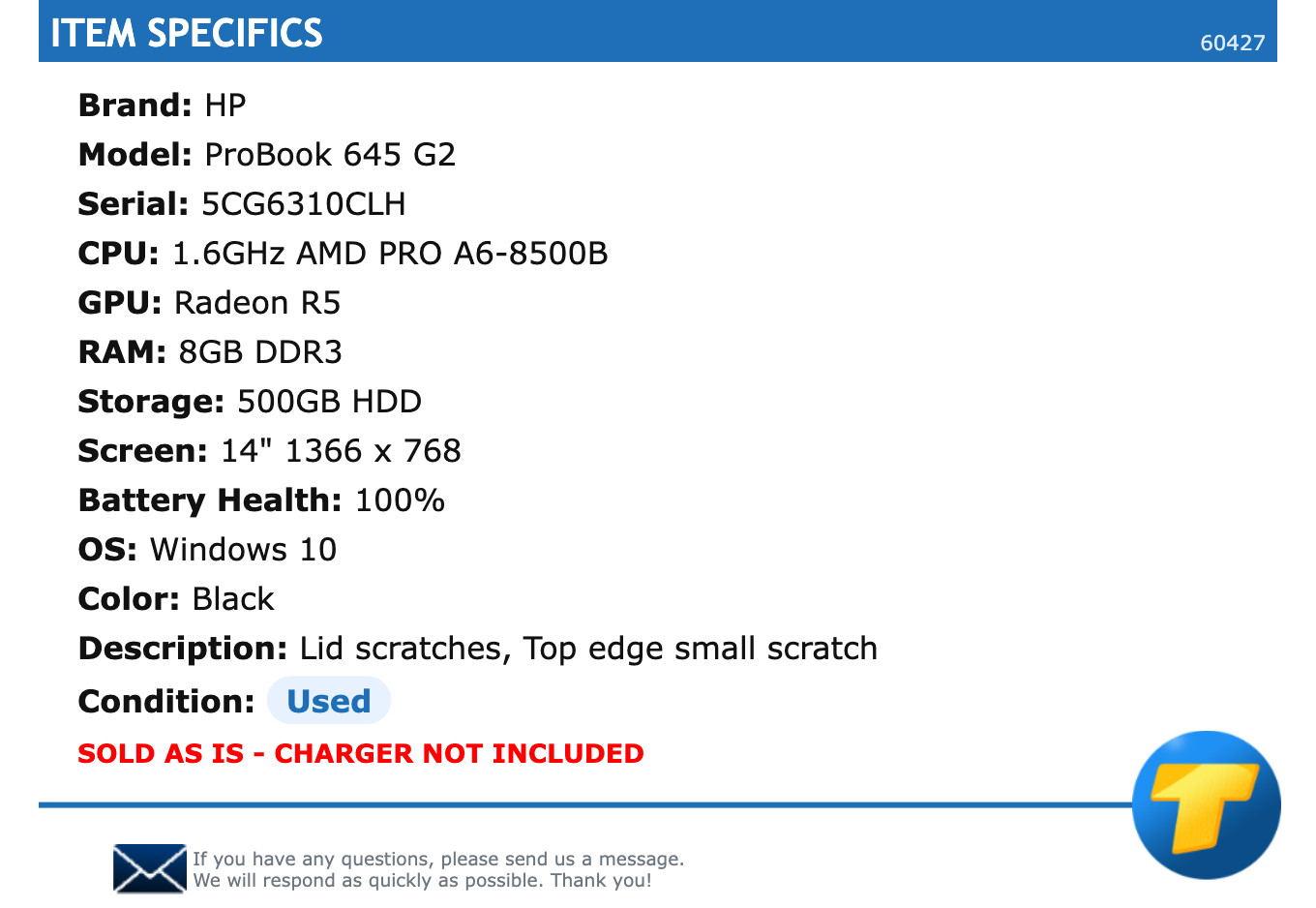 HP ProBook 645 G2 – 14″ HD, 1.6GHz AMD PRO A6-8500B, 8GB RAM, 500GB HDD