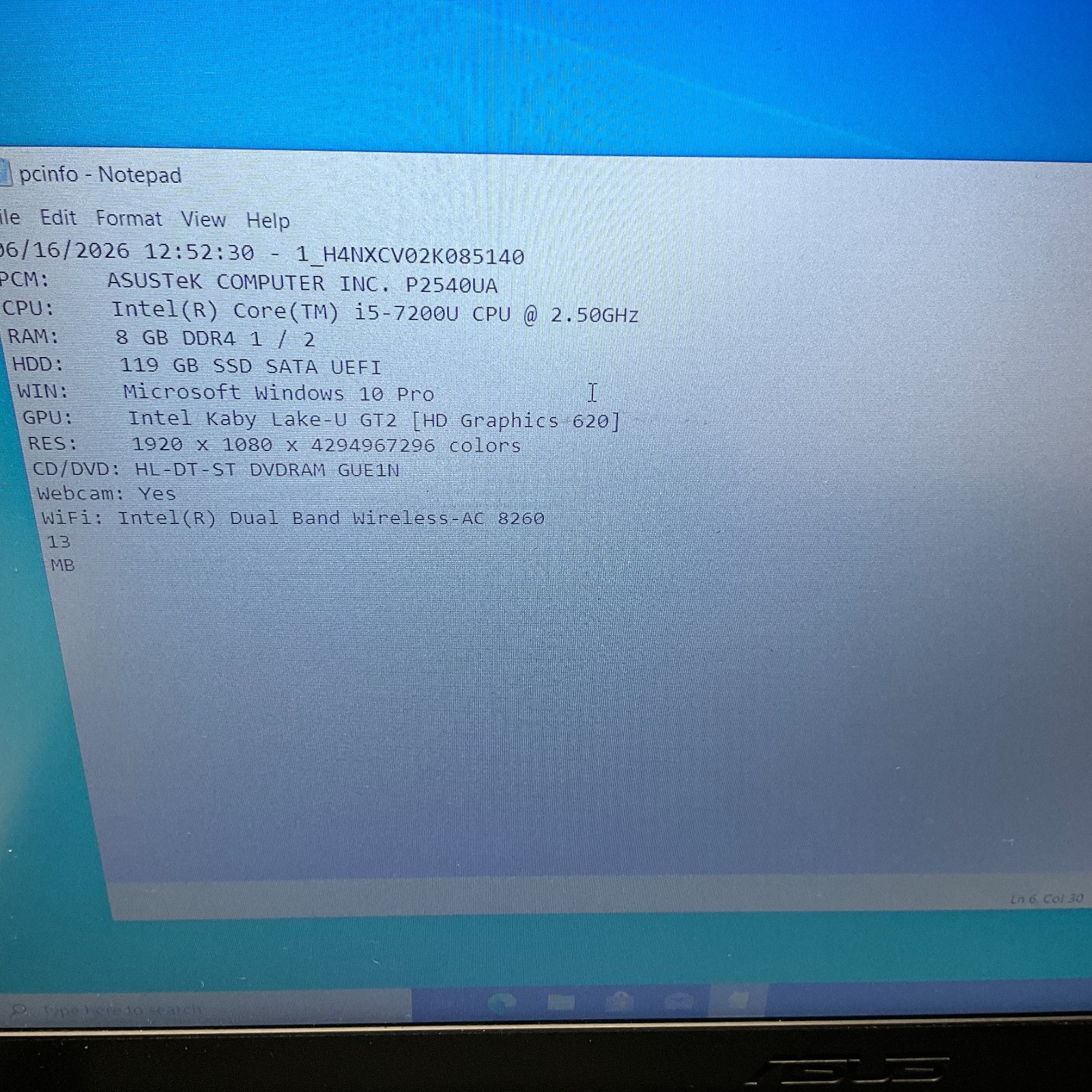 ASUS PRO P2540UA | INTEL CORE I5-7200U 128GB SSD 8GB Windows 10 Pro Laptop