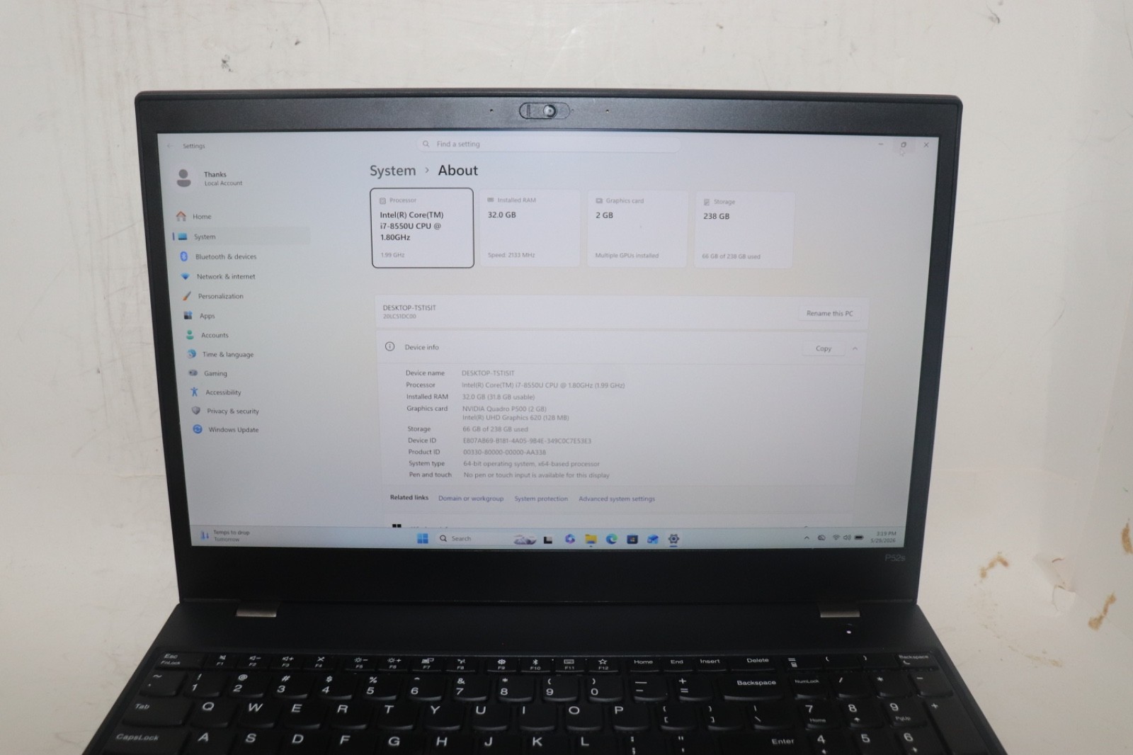 Lenovo ThinkPad P52s|Intel core i7@1.80GHz|32GB RAM|256GBSSD|WIN11.Prof|NVIDIA