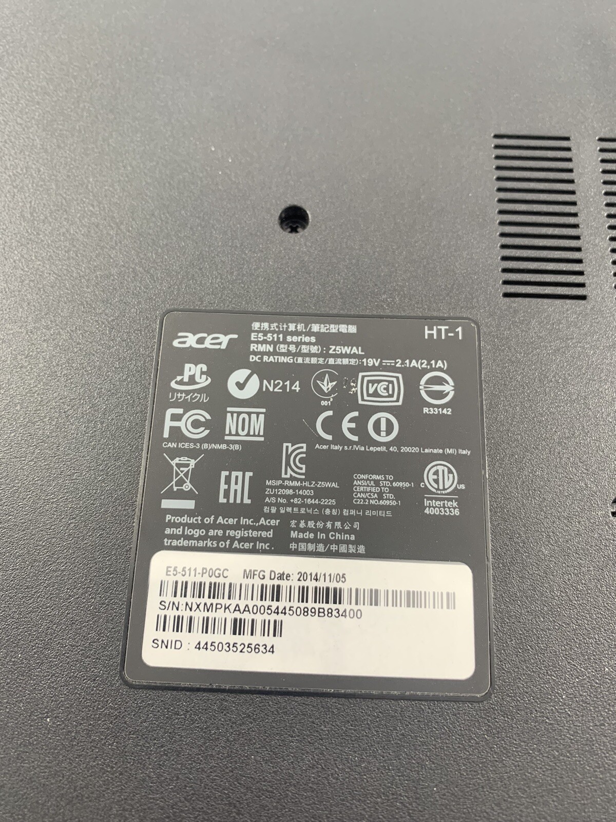 Acre Aspire E5-511-P0GC 15.6” Laptop Computer 4GB DDR3 L Memory Tested