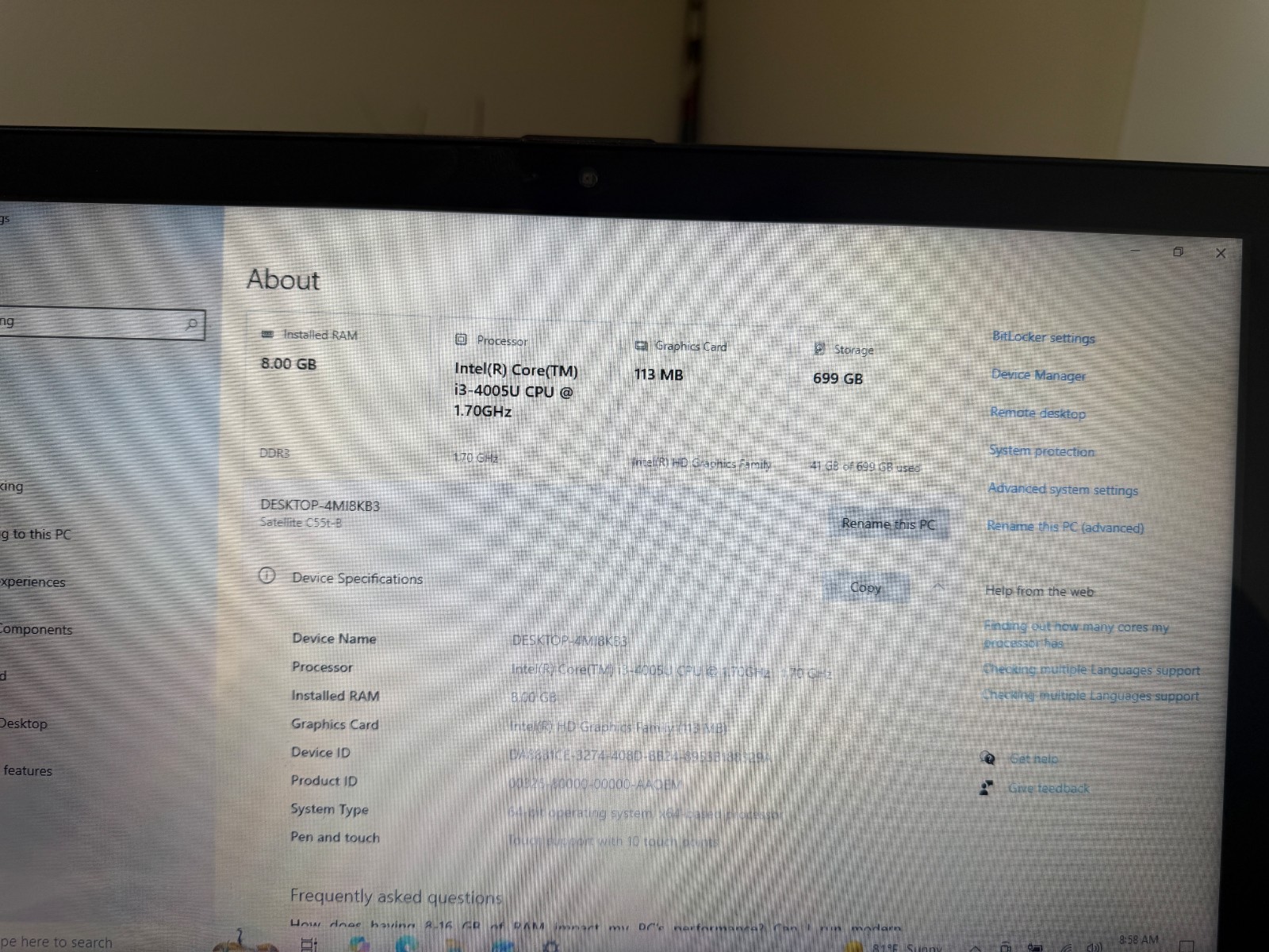 Toshiba Satellite C55t 15.6″ Intel Core i3-4005U @1.70GHz 8GB RAM 750GB HDD