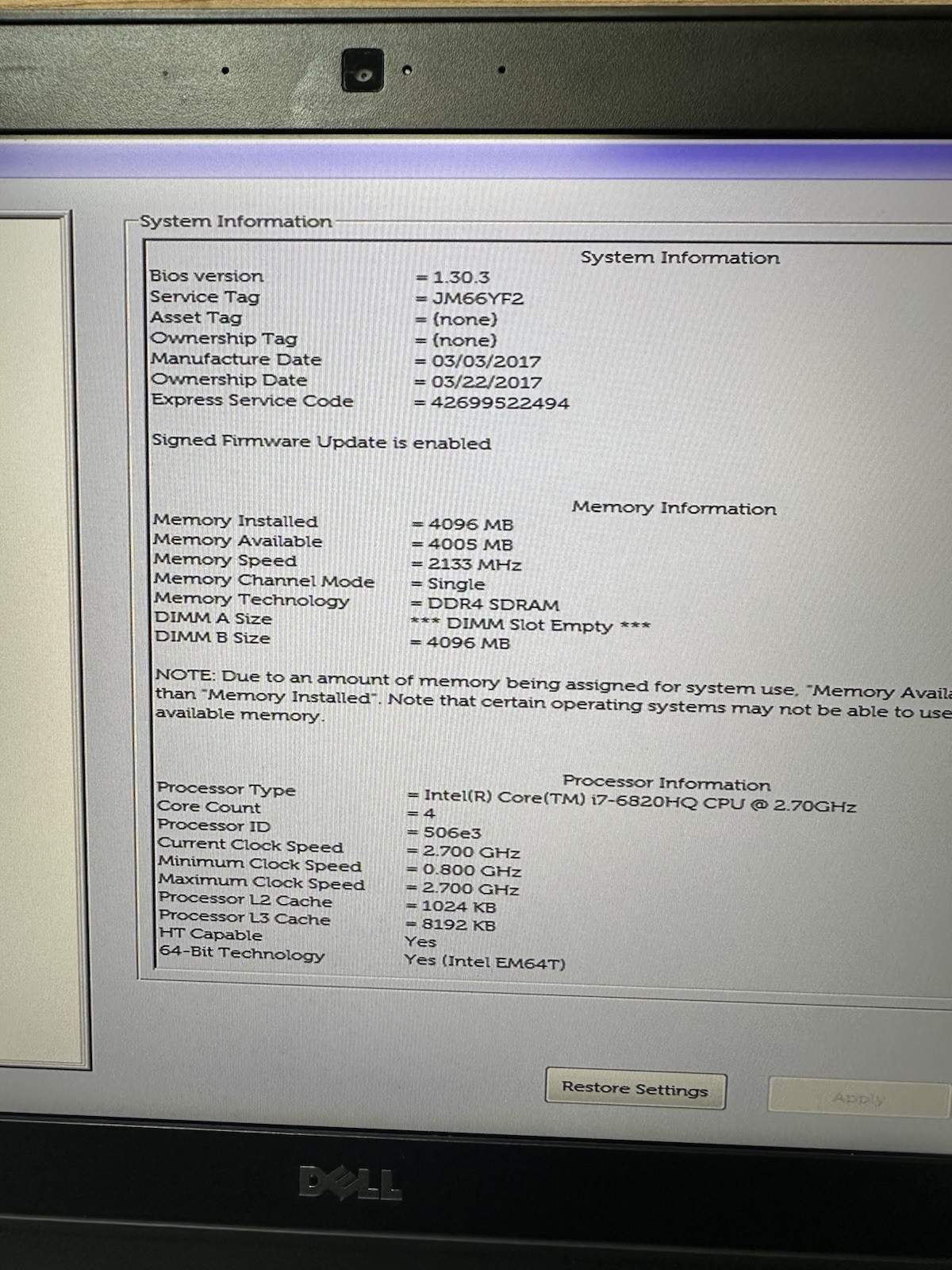 Dell Precision 3510 15″ Core i7-6820HQ 2.7GHz 4GB RAM No SSD No Power Supply