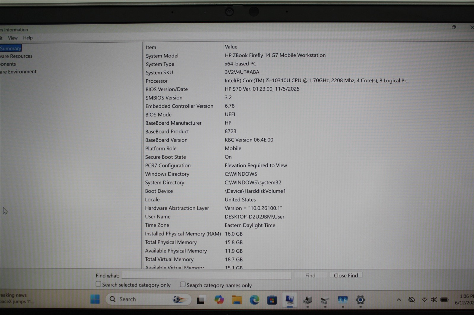 14″HP ZBook Firefly G7 i5-10310U 1.70GHz RAM 16GB NVMe 256GB/Cosmetic DMG