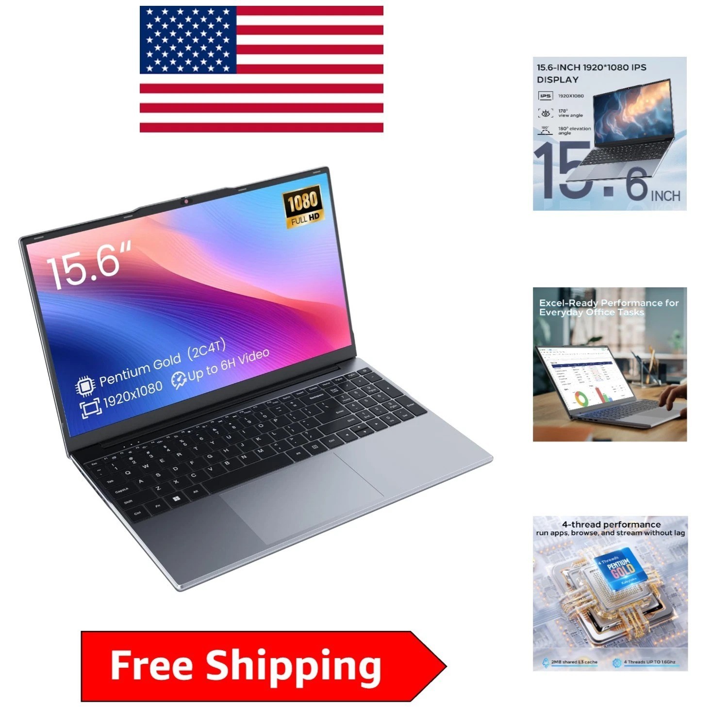 Portable 15.6″ FHD Laptop, 4GB RAM, 128GB SSD, Long Battery Life, Windows 11