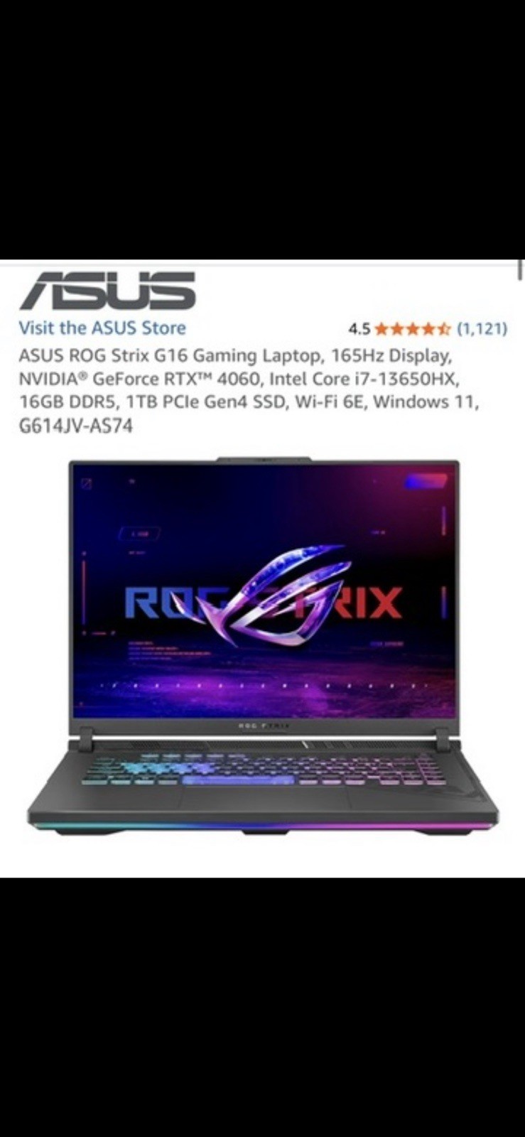 ASUS ROG Strix G16 Gaming Laptop, 165Hz , RTX 4060, i7-13650HX, 16GB, 1TB SSD