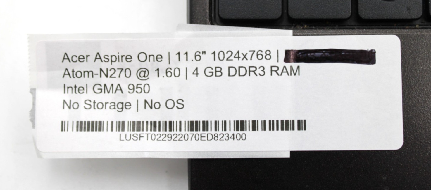 Acer Aspire One Atom-N270@1.6GHz 4GB DDR3 NO STORAGE OR OS *USED/TESTED*