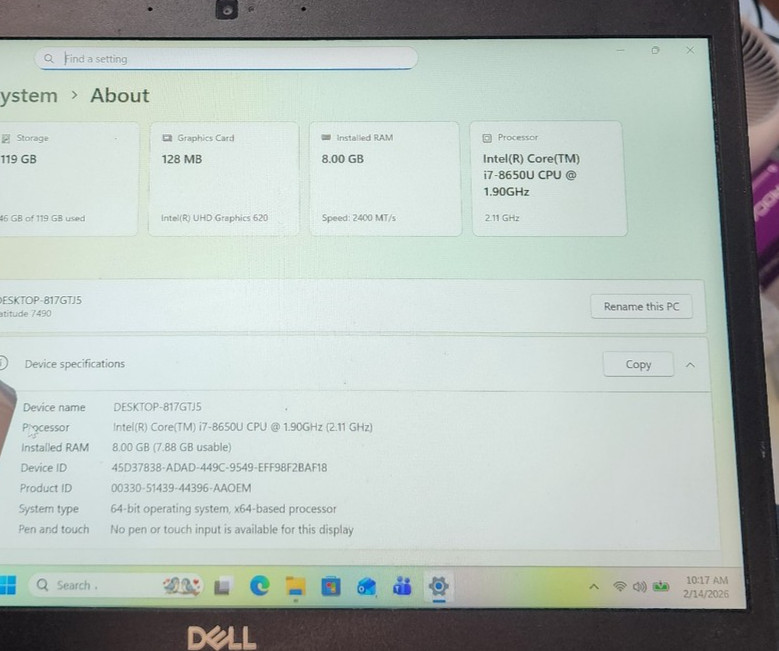 Dell Latitude 7490 14″ FHD i7-8650U CPU 8GB 120GB SSD Win11Pro