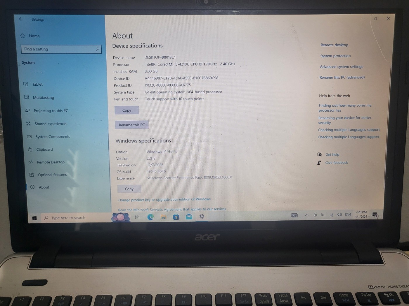 Acer Silver 15.6″ V3-572P-51BA Laptop with Intel Core i5-4210U 8GB 1TB touchscre