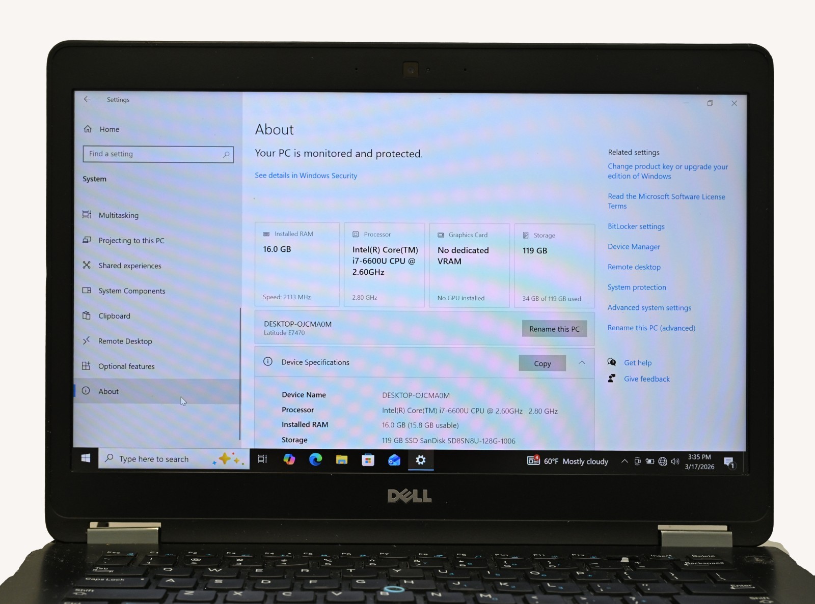 Dell Latitude E7470 i7-6600U 2.6GHz 16GB RAM 128GB SSD – Win 10 Pro BH: 95.4%