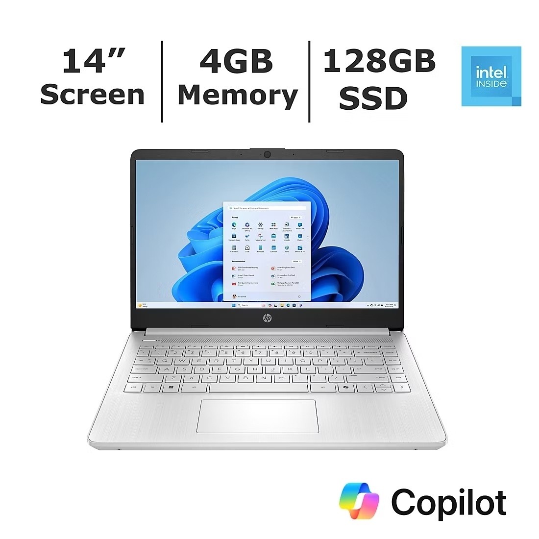 HP 14-DQ6957NR 14″ Laptop Intel N150 4GB 128GB Wind 11 Home Silver B89MVUA