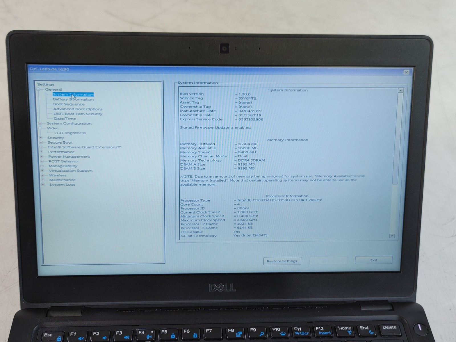 Dell Latitude 5290 Core i5-8350U 1.70 GHz 16 GB DDR4 No HDD