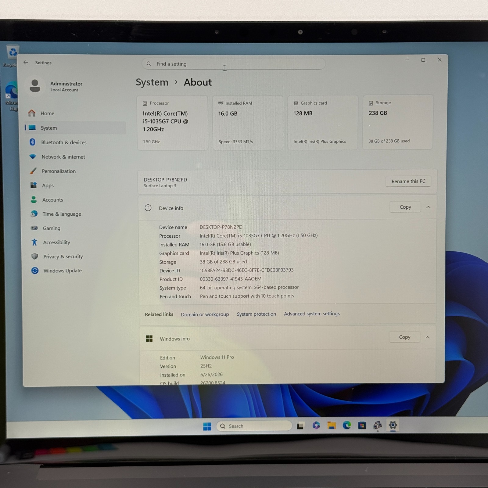 Microsoft Surface Laptop 3 13.5″ i5-1035G7 16GB 256GB SSD Win11 Pro Touch
