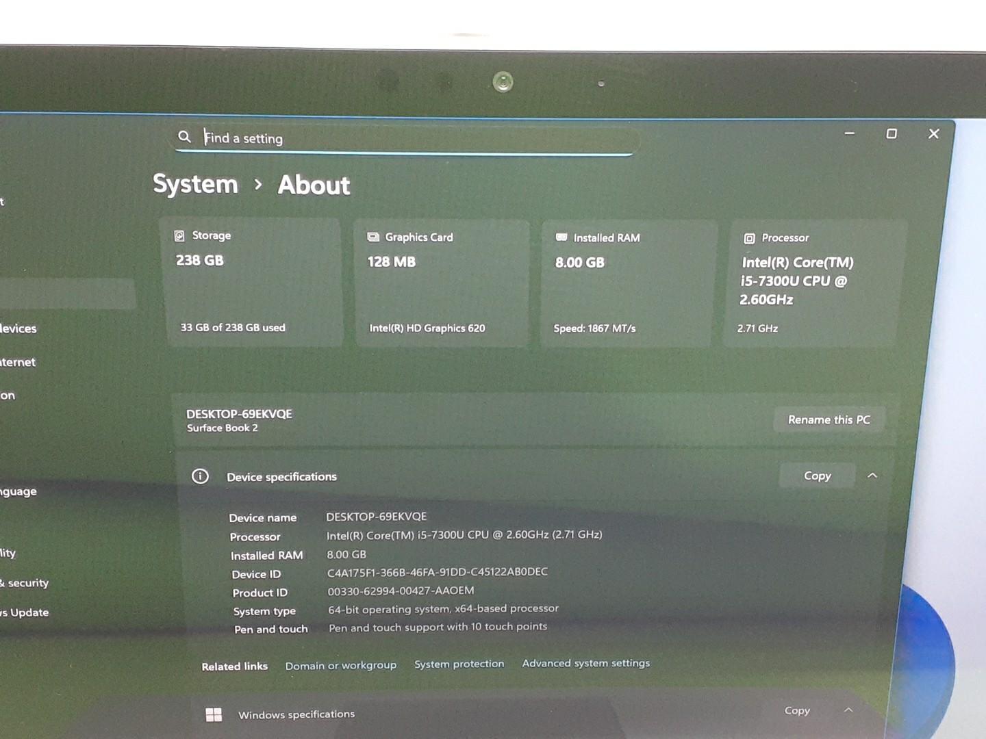 Microsoft Surface Book 2 i5-7300U 8GB RAM 256GB SSD WIN11 -no ac