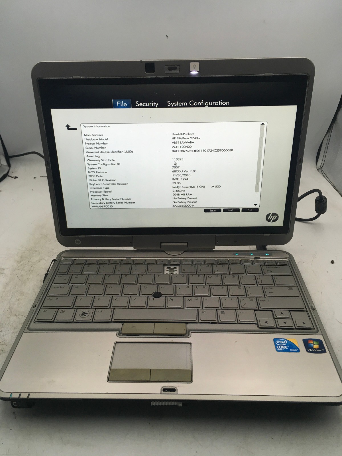 HP ELITEBOOK 2740P – BOOTS TO BIOS – INTEL I5 M520 – NO RAM – NO OS – READ – BB