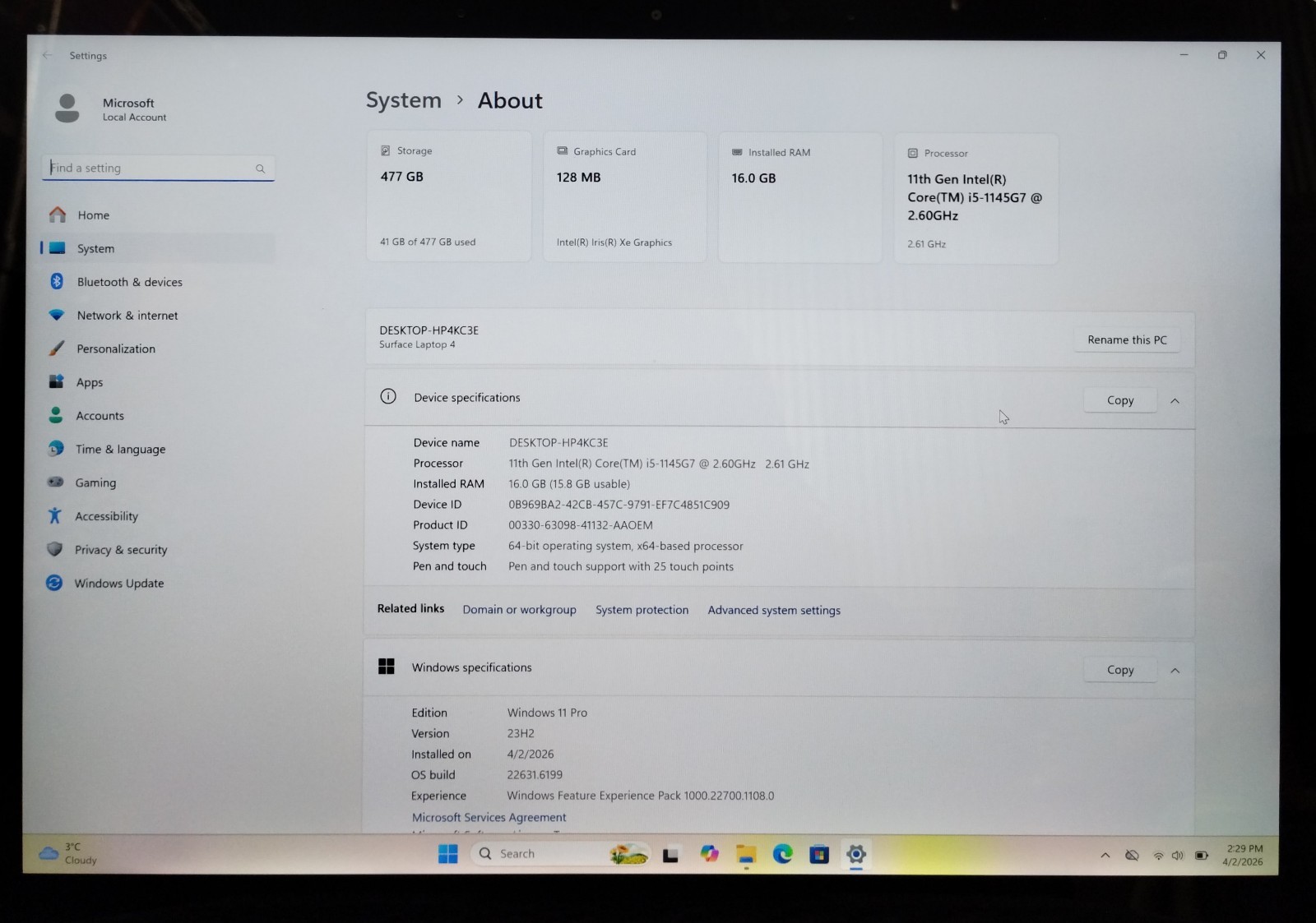 Microsoft Surface Laptop 4 1950 i5-1145G7 2.60GHz 16GB RAM 512GB NVMe W11P H3955