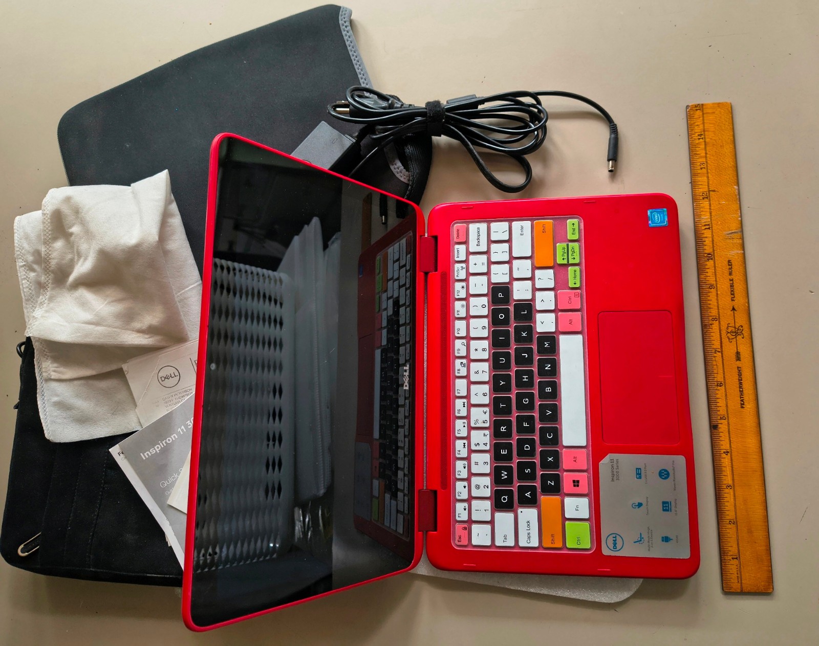 11.6″ RED Dell Inspiron 3000 series Intel 3168 * VG COND w 2 cases * Windows 10