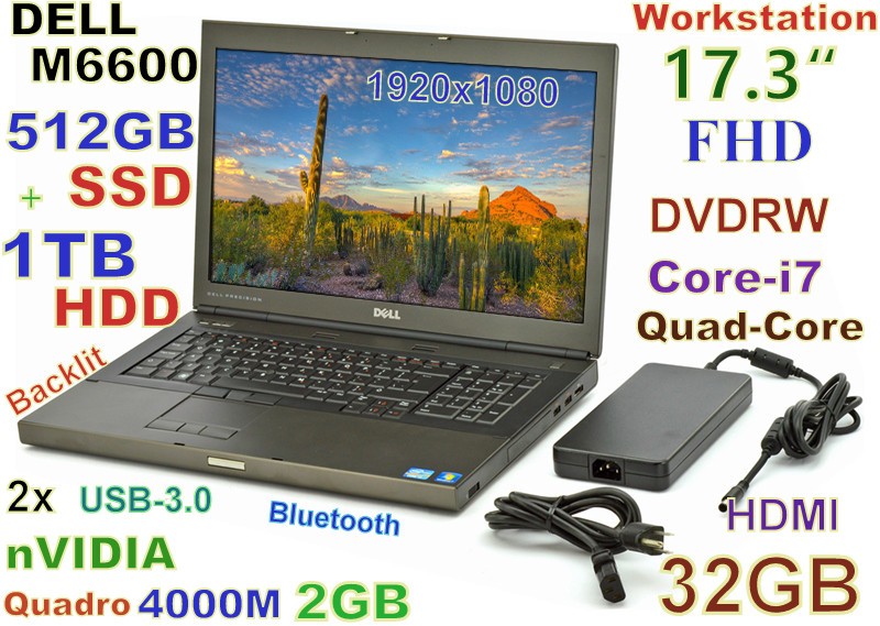 Workstation 17.3″ DELL M6600 i7-Quad (512GB SSD + 1TB) DVDRW 32GB Quadro 4000M
