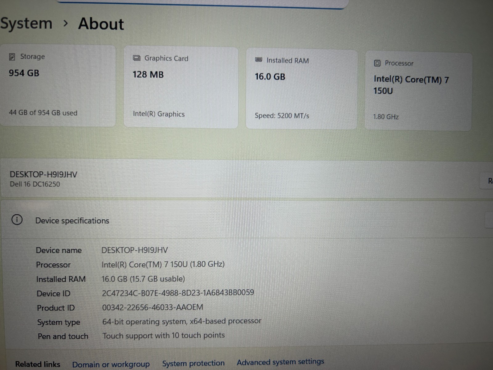 DELL 16 DC16250 MRYT3, Intel Core 7 150U, 1.80 GHz, 16 GB RAM, 1 TB NVMe SSD