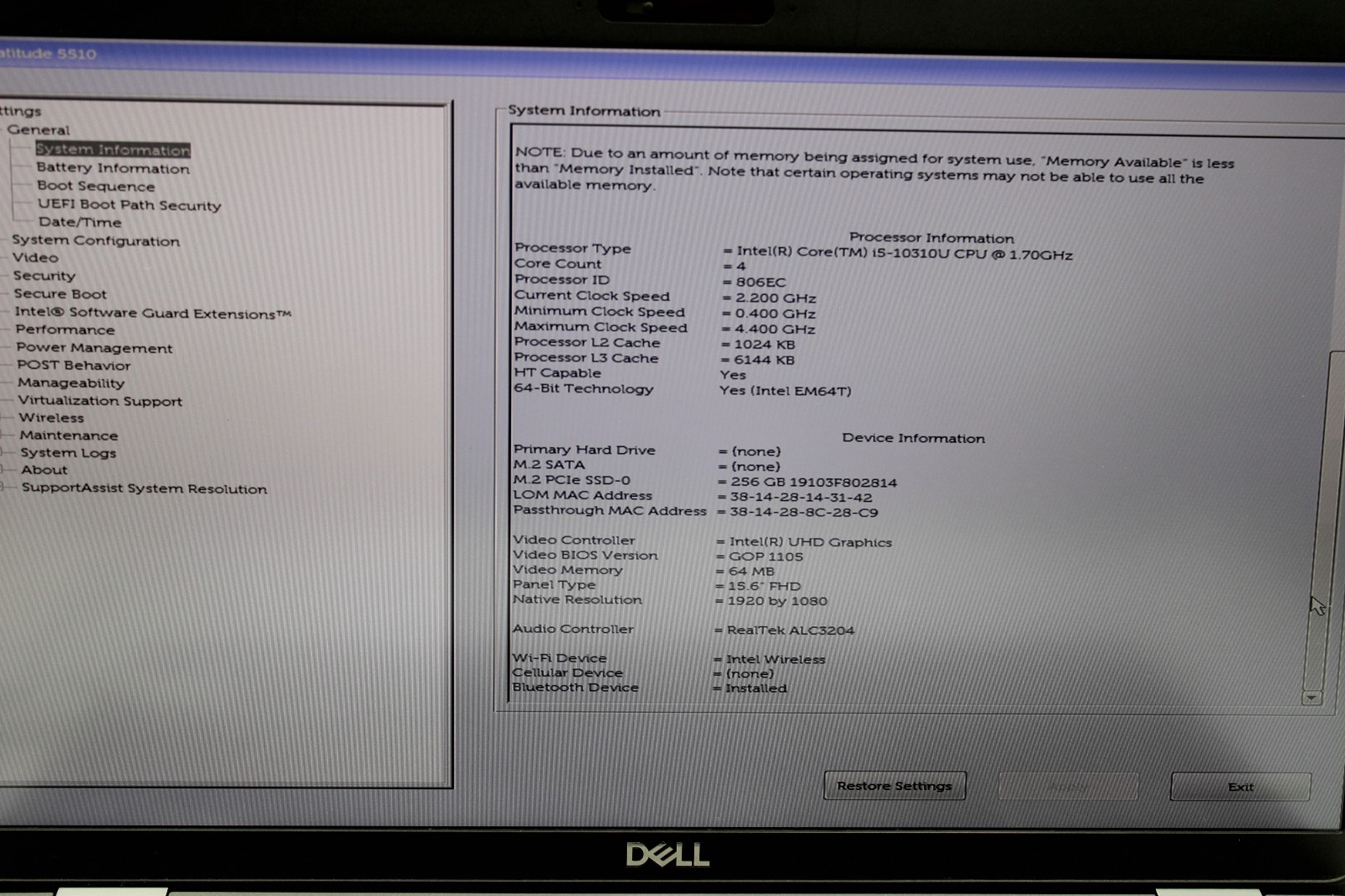 Dell Latitude 5510 _ i5-10310U @ 1.7 _ 16GB RAM _ 256GB SSD _ No OS *READ