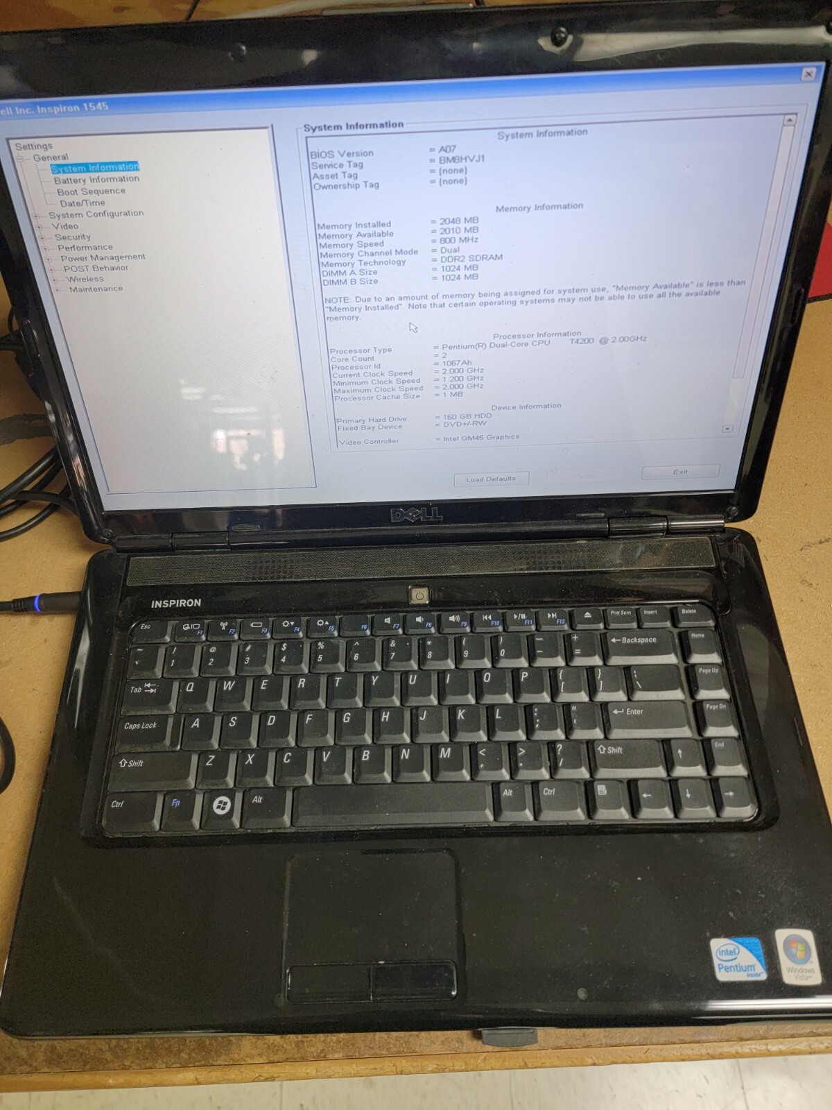 DELL INSPIRON 1545 LAPTOP DUAL CORE 2GHZ 2GB RAM 160GB HDD – HARD DRIVE WIPED